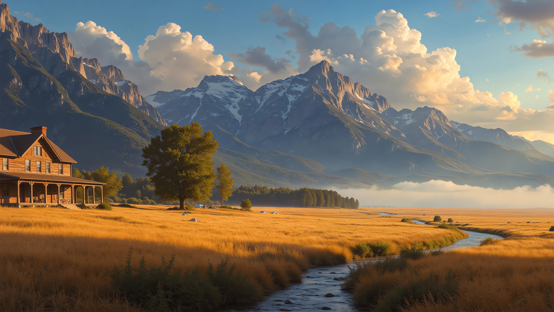 小河边田野风景免费电脑壁纸高清下载