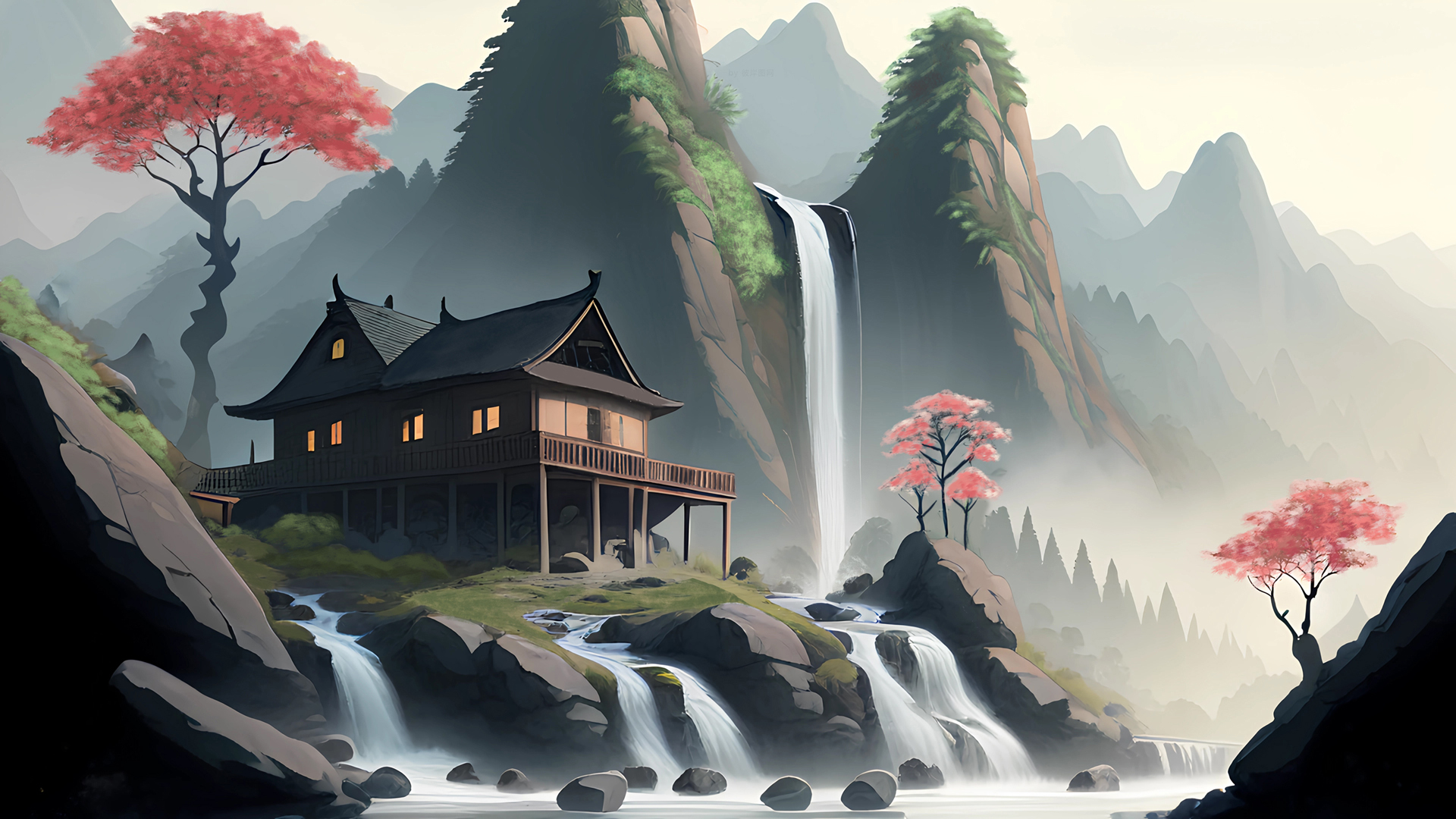 风景绘画佳作，瀑布高山流水美景，精选桌面壁纸免费下载