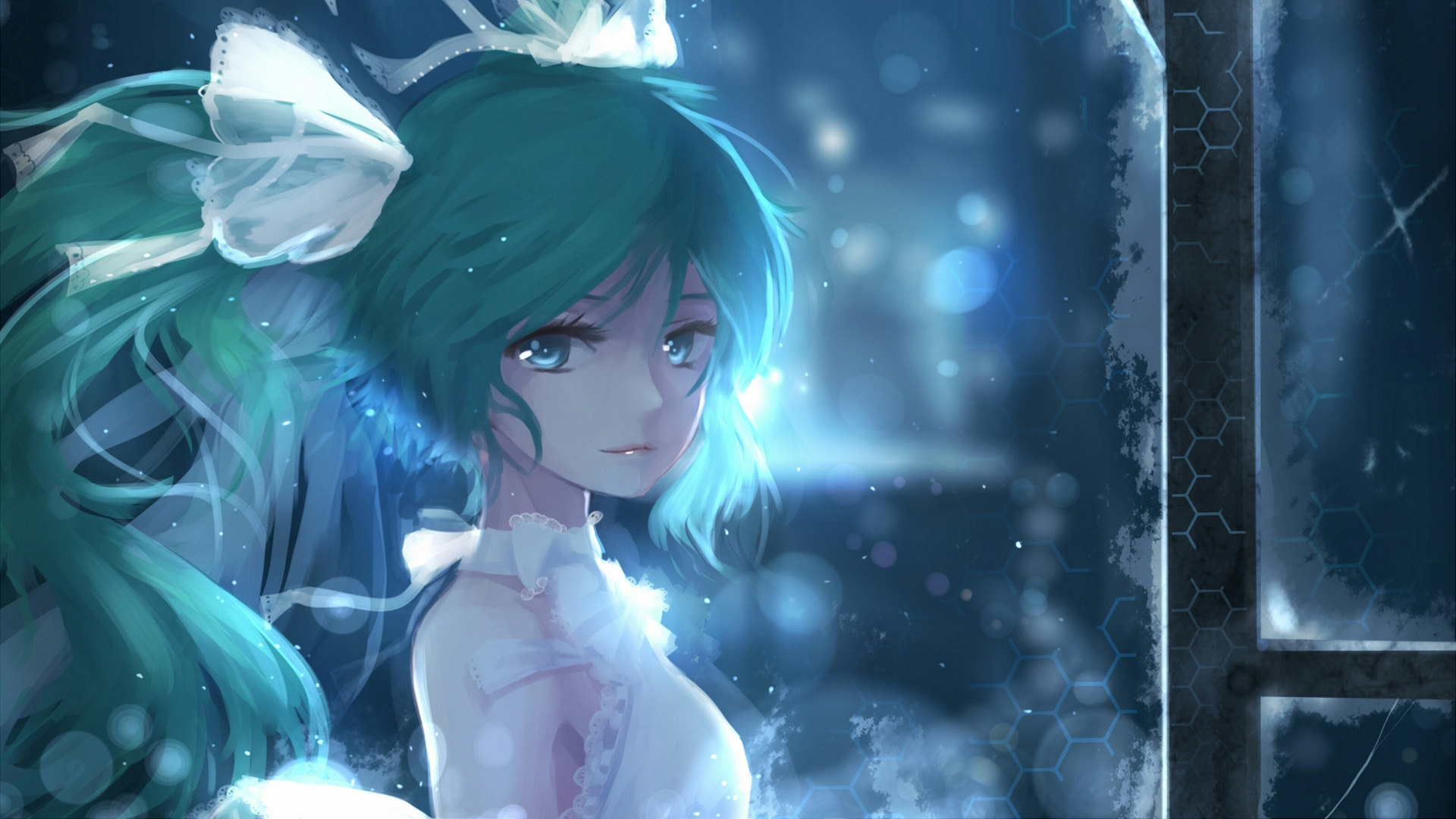 唯美动漫桌面壁纸，仙雅女孩与初音未来，蝴蝶结装饰，免费下载！