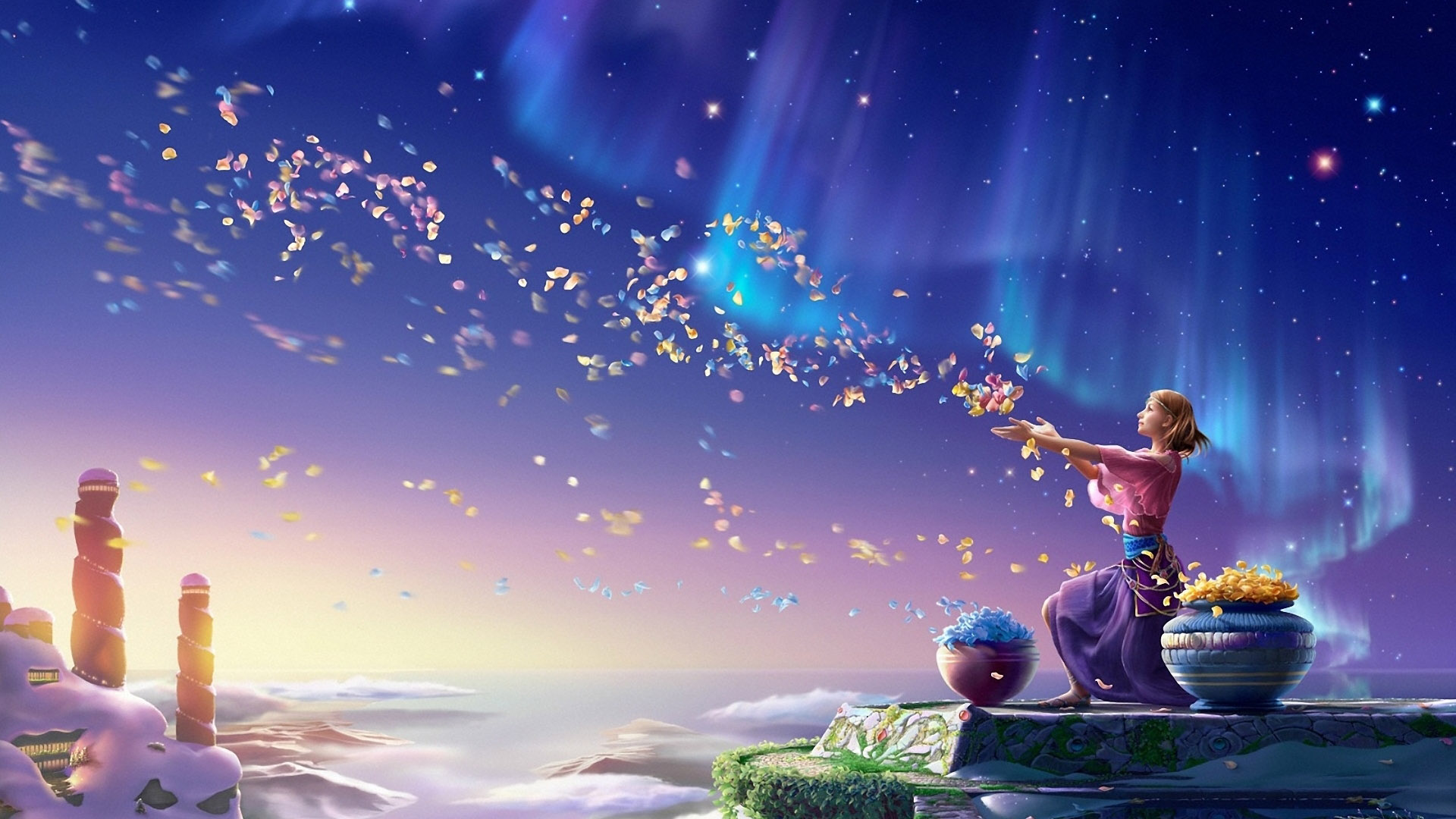 唯美花瓣梦幻星空，免费动漫电脑桌面壁纸精选下载