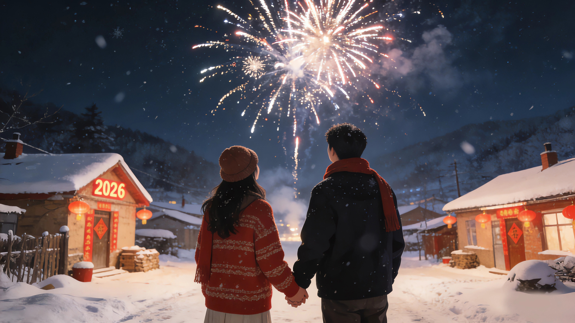 2026新年浪漫之约，情侣雪景牵手赏烟花电脑节日免费壁纸下载