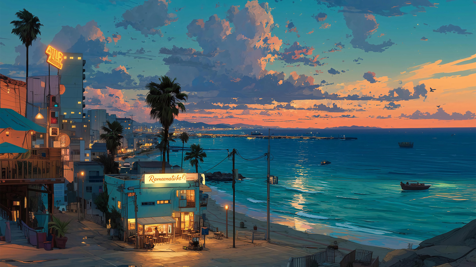 云彩夜晚海滨小城夜景免费电脑壁纸下载