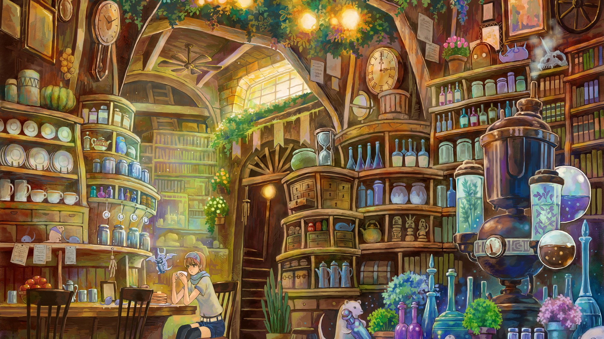 女孩实验室探秘，小屋中的奇幻瓶子，精美桌面壁纸动漫，免费下载！