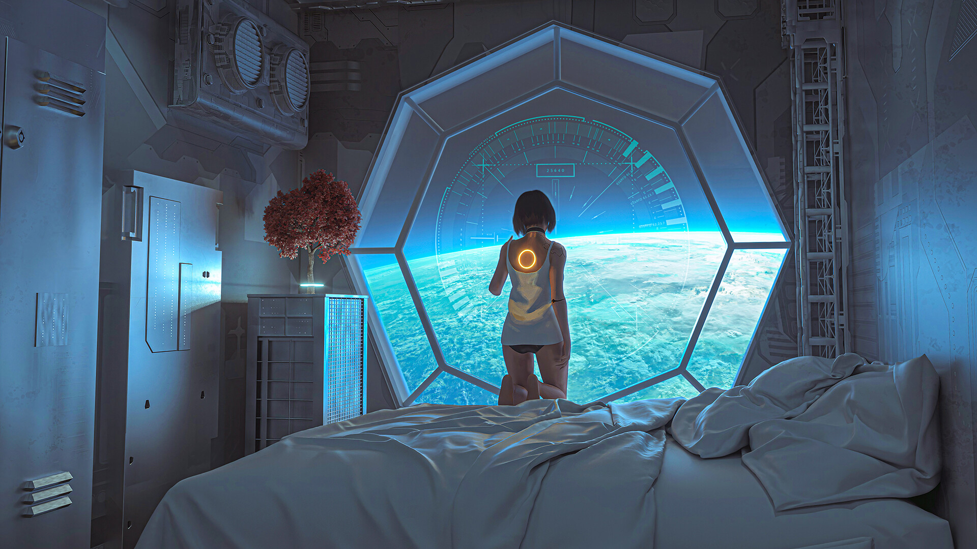 未来科幻太空床，女孩主题3D动漫壁纸，免费电脑壁纸下载