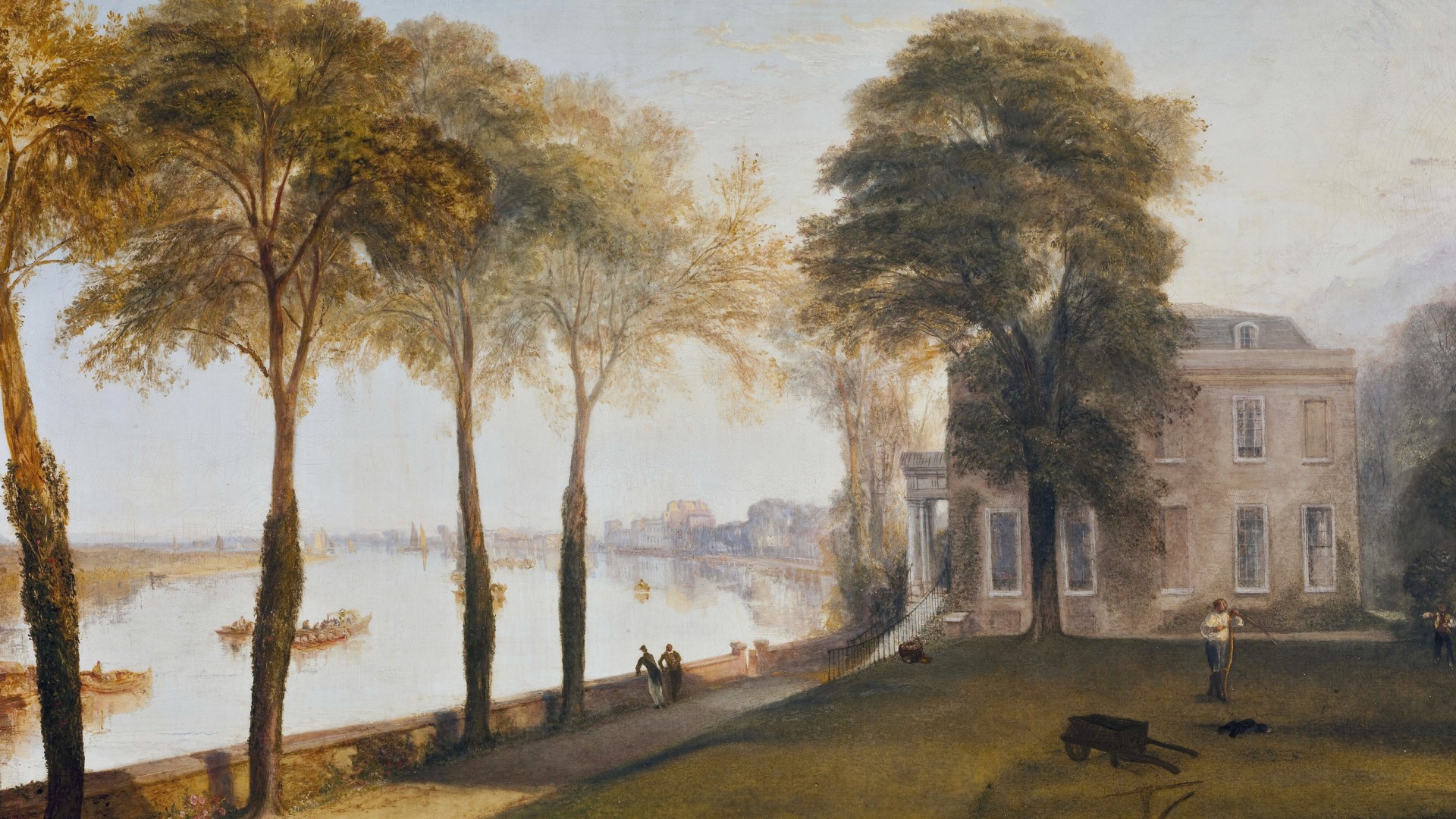 威廉特纳初夏清晨美景，河边道路与树影婆娑，家园风光如画，唯美免费电脑壁纸下载