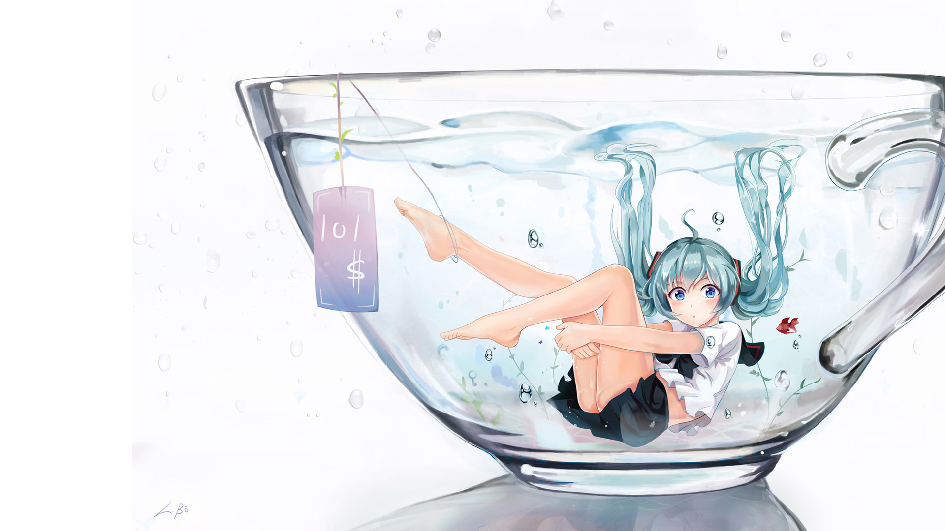 初音未来,可爱女孩,玻璃杯,桌面壁纸
