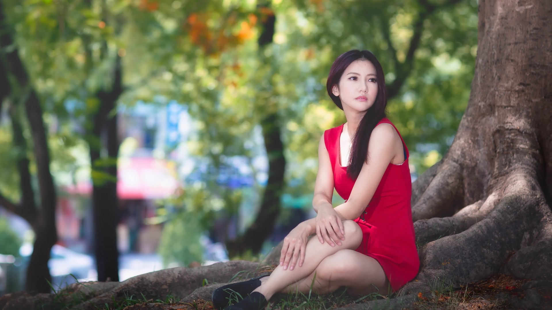 公园绿意与红衣倩影，气质美女壁纸，免费下载装点你的桌面