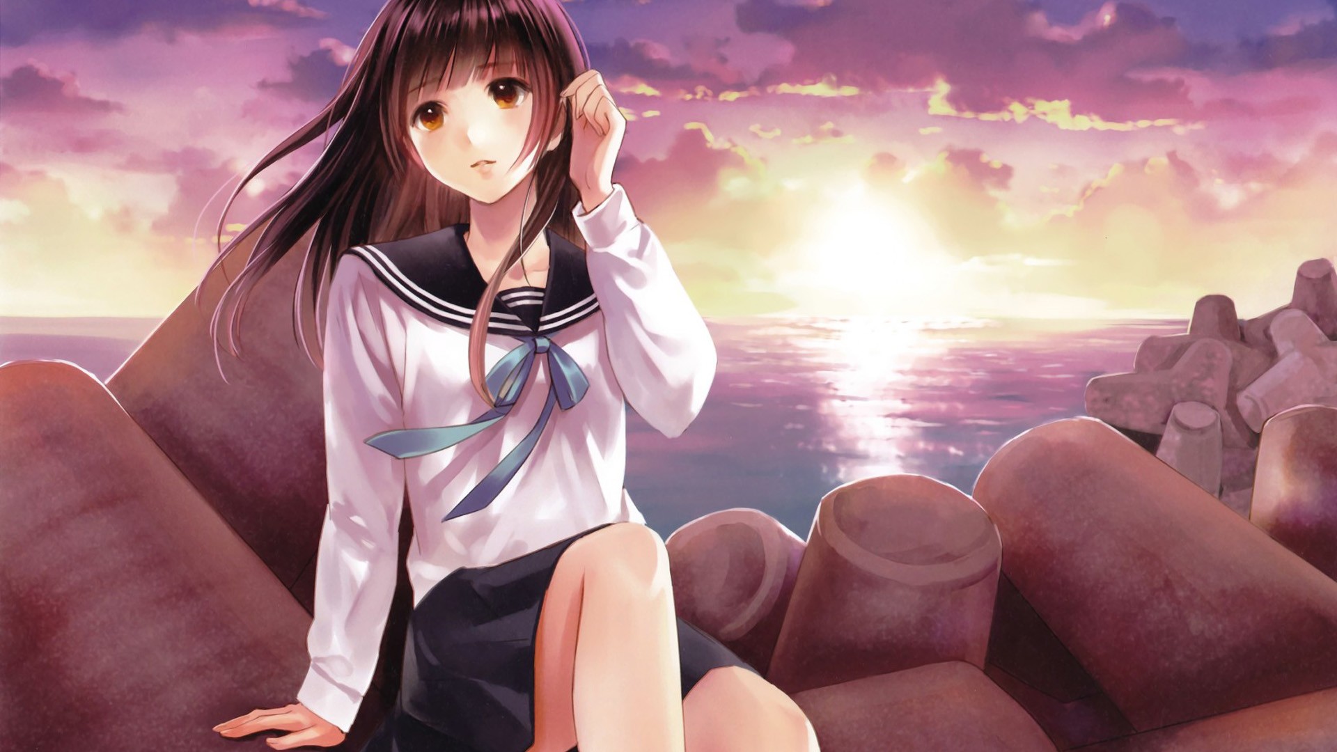 海边吹风少女动漫壁纸，免费下载可爱电脑背景