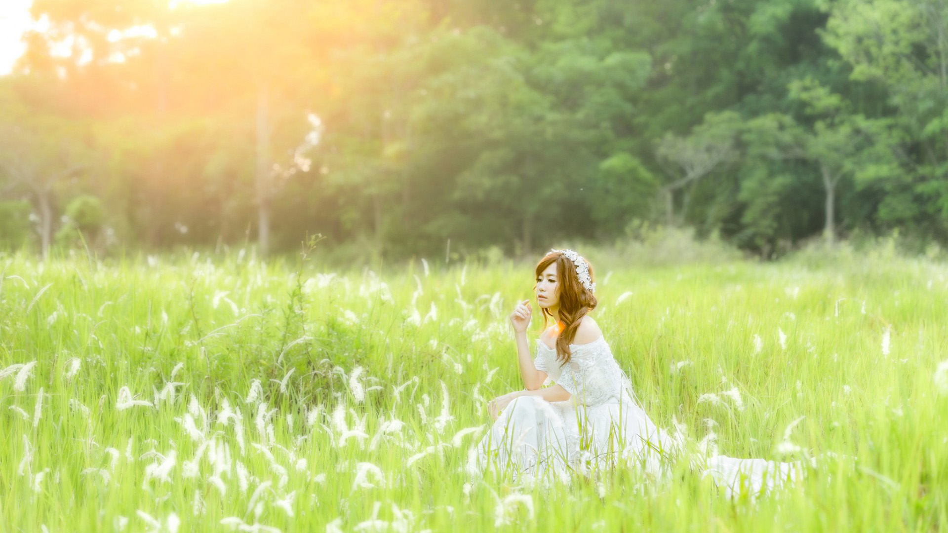 女孩夏日倩影，唯美衣容坐姿，免费高清风景壁纸下载