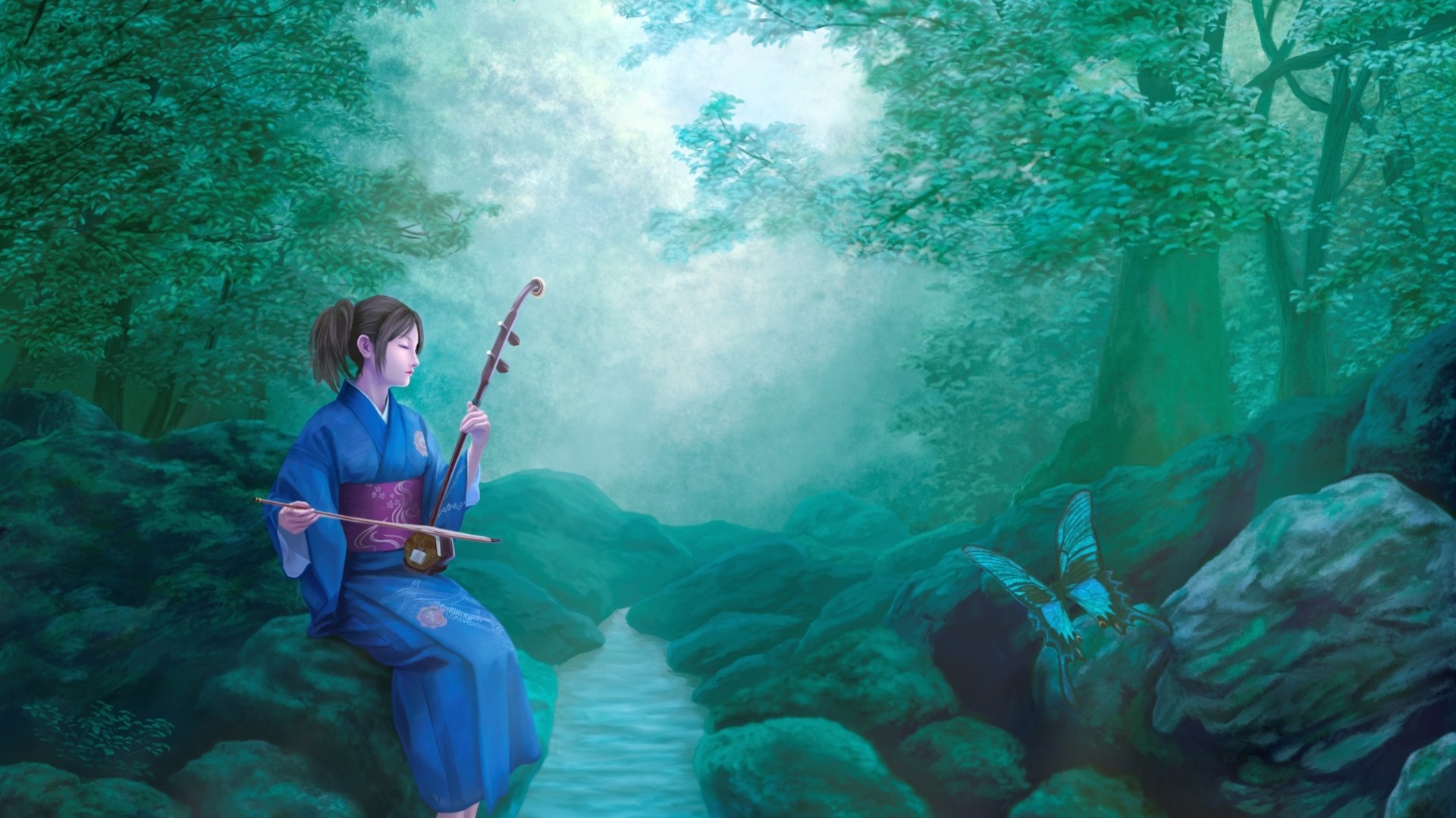 和服女孩坐溪畔，小提琴伴蝴蝶舞，唯美绘画壁纸免费下载