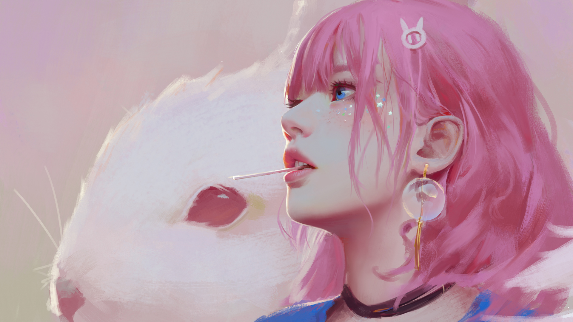粉色发美女蓝眸兔耳，绝美二次元高清动漫壁纸，免费下载电脑版