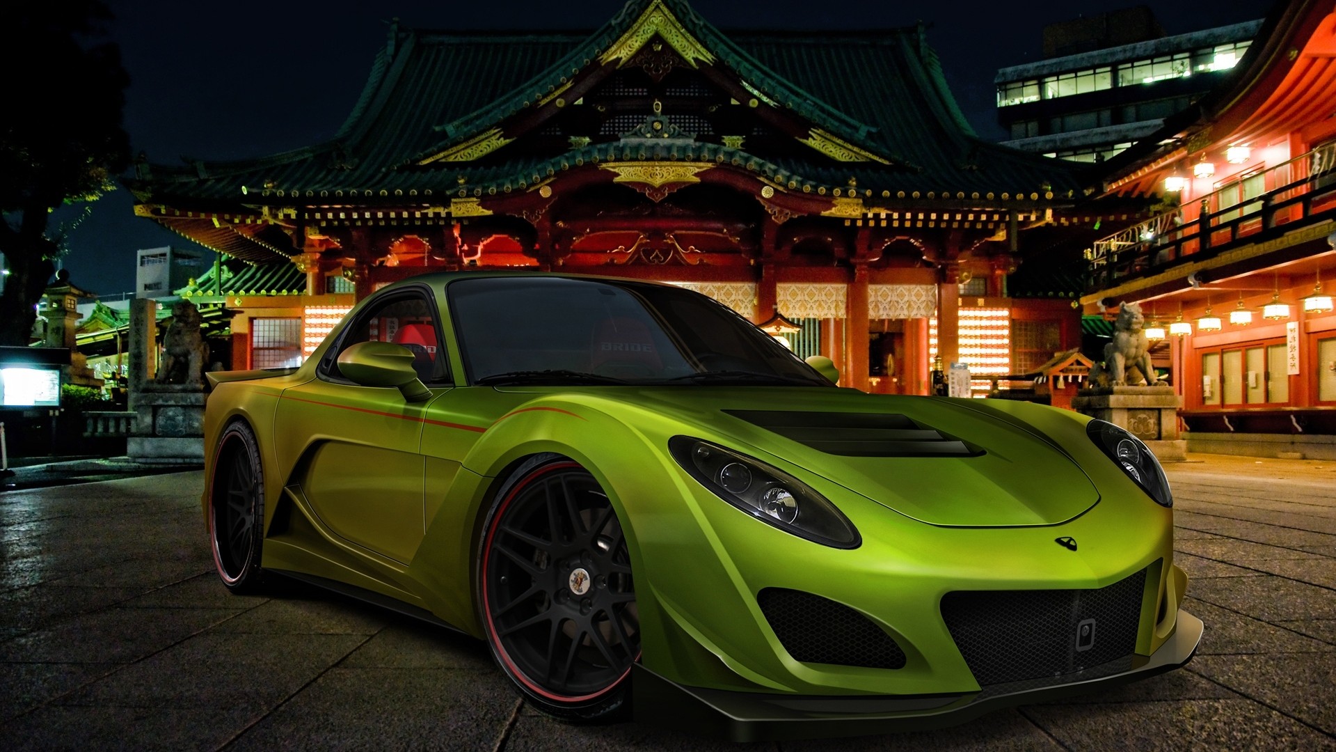 马自达RX-7绿色街道夜景壁纸，免费高清汽车电脑壁纸下载