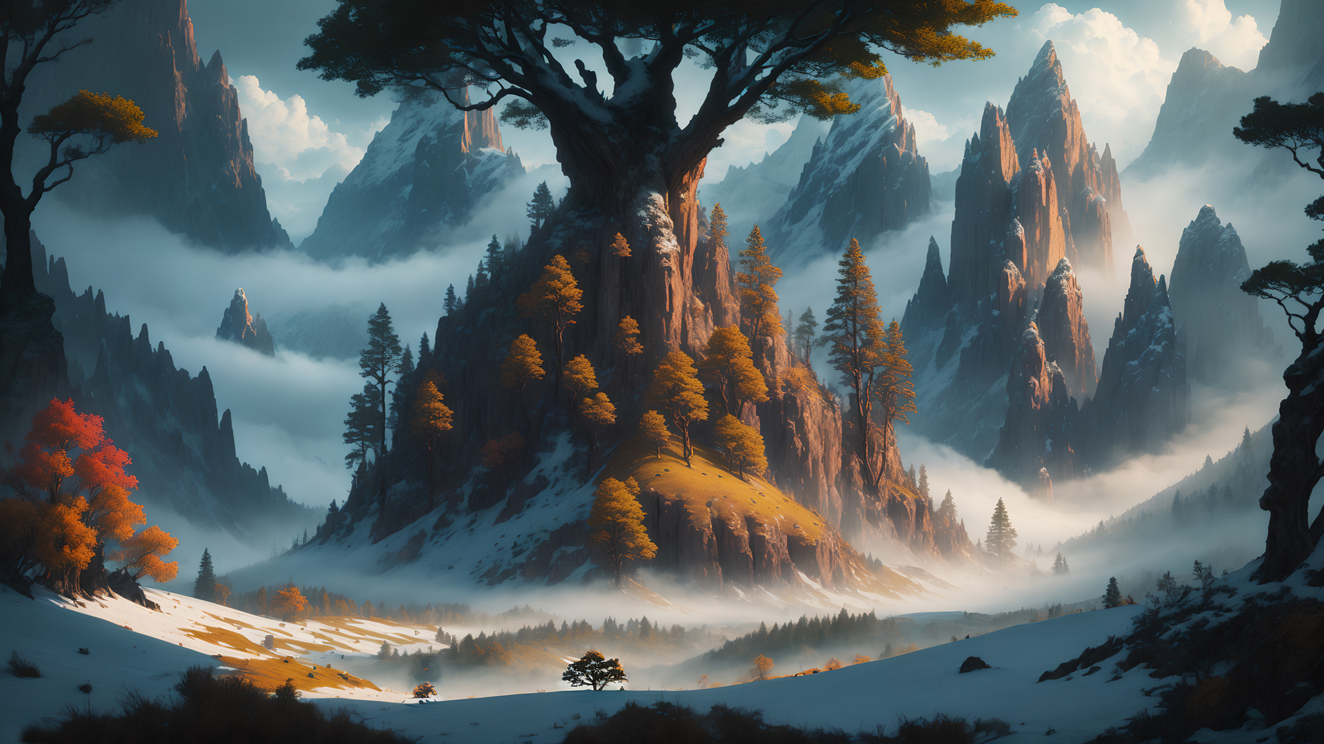 免费下载，秋日仙境山景壁纸，云雾缭绕的树木美景，完美桌面背景
