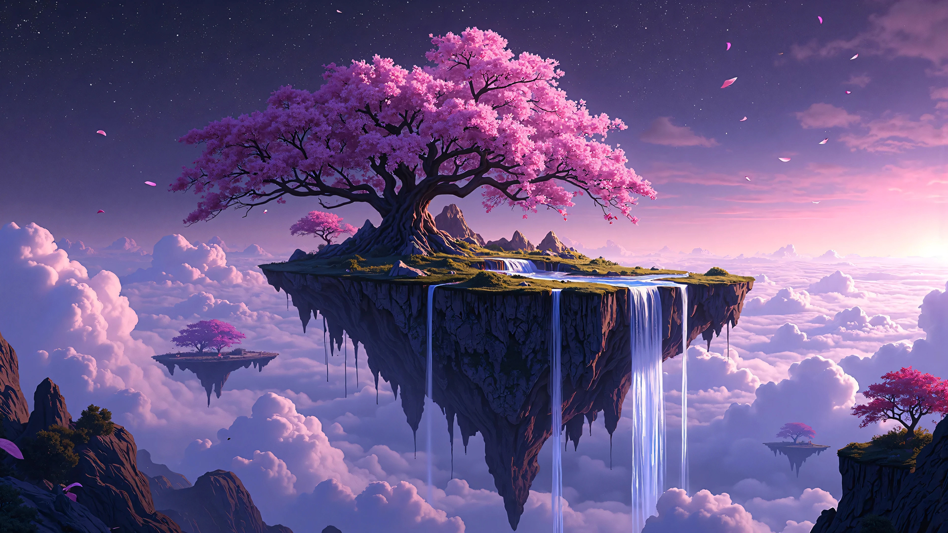 浮岛樱花瀑布景，唯美花瓣桌面壁纸，免费电脑壁纸下载