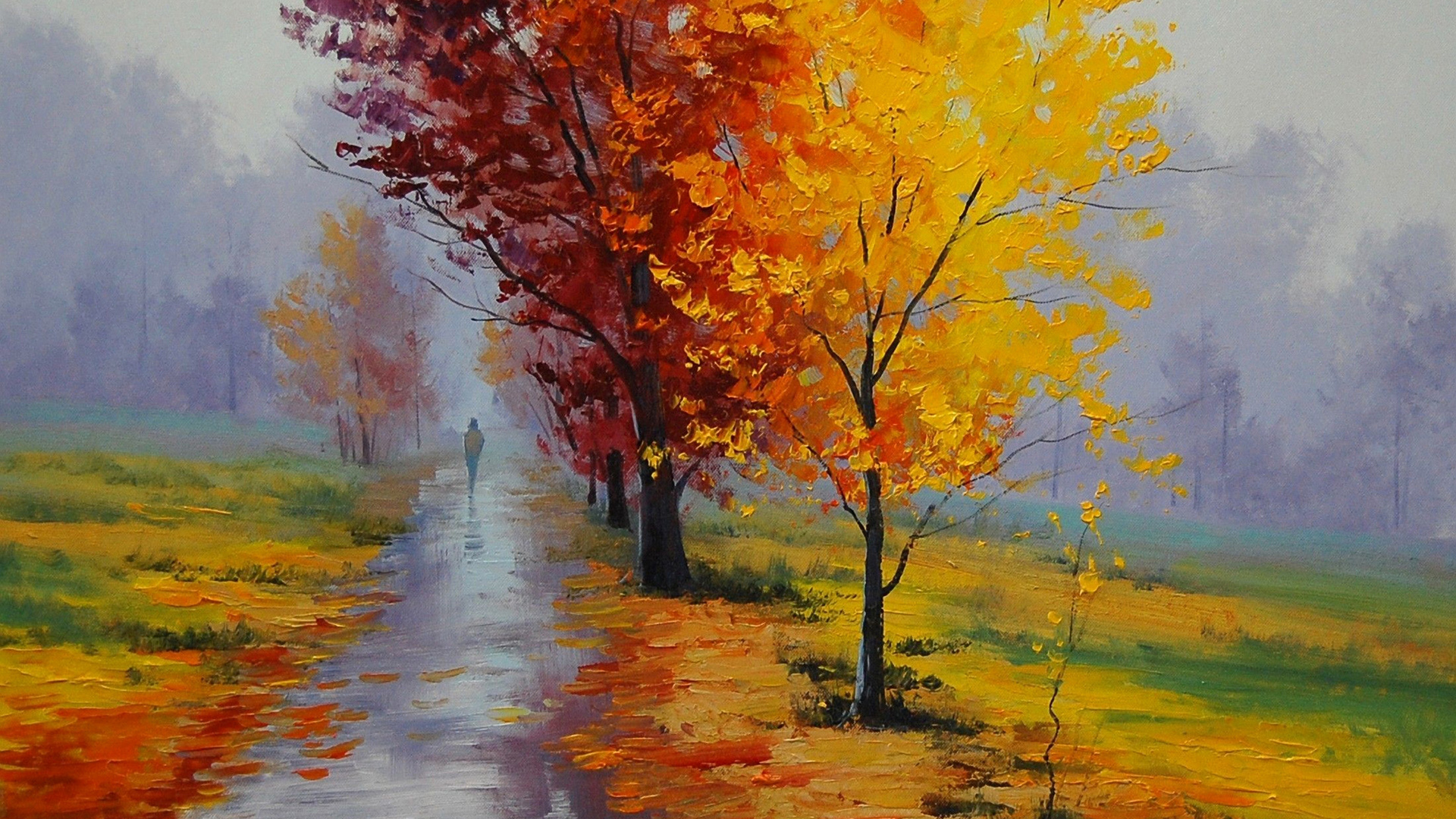 秋日公园漫步，树林走道与人物美景，免费下载唯美绘画风景壁纸