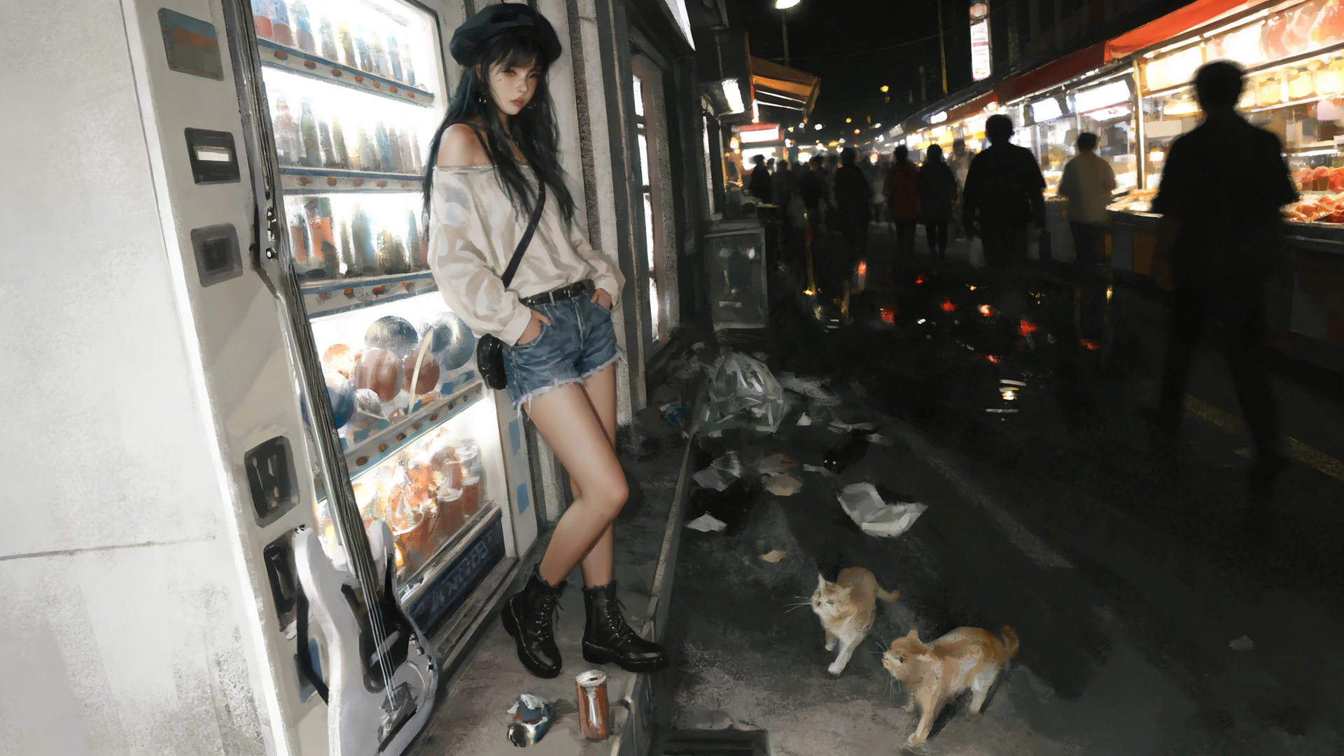 夜晚美食街戴帽子女孩动漫壁纸免费电脑下载