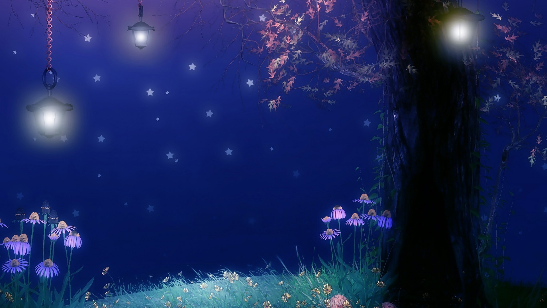 唯美夜晚，树影婆娑，灯光闪烁，花影摇曳，星空璀璨 - 免费电脑壁纸下载