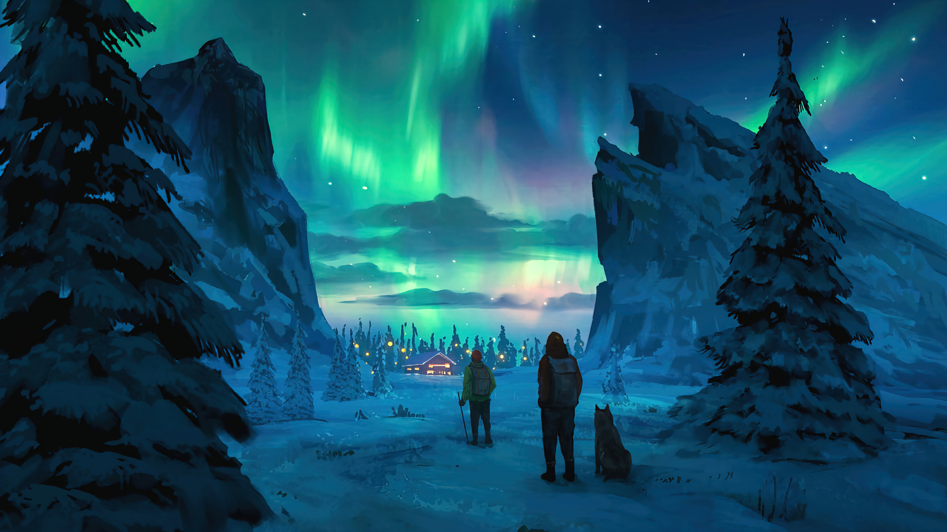 北极光冬韵，雪景、树木、人犬与暖房，动漫灯光绘就免费壁纸下载