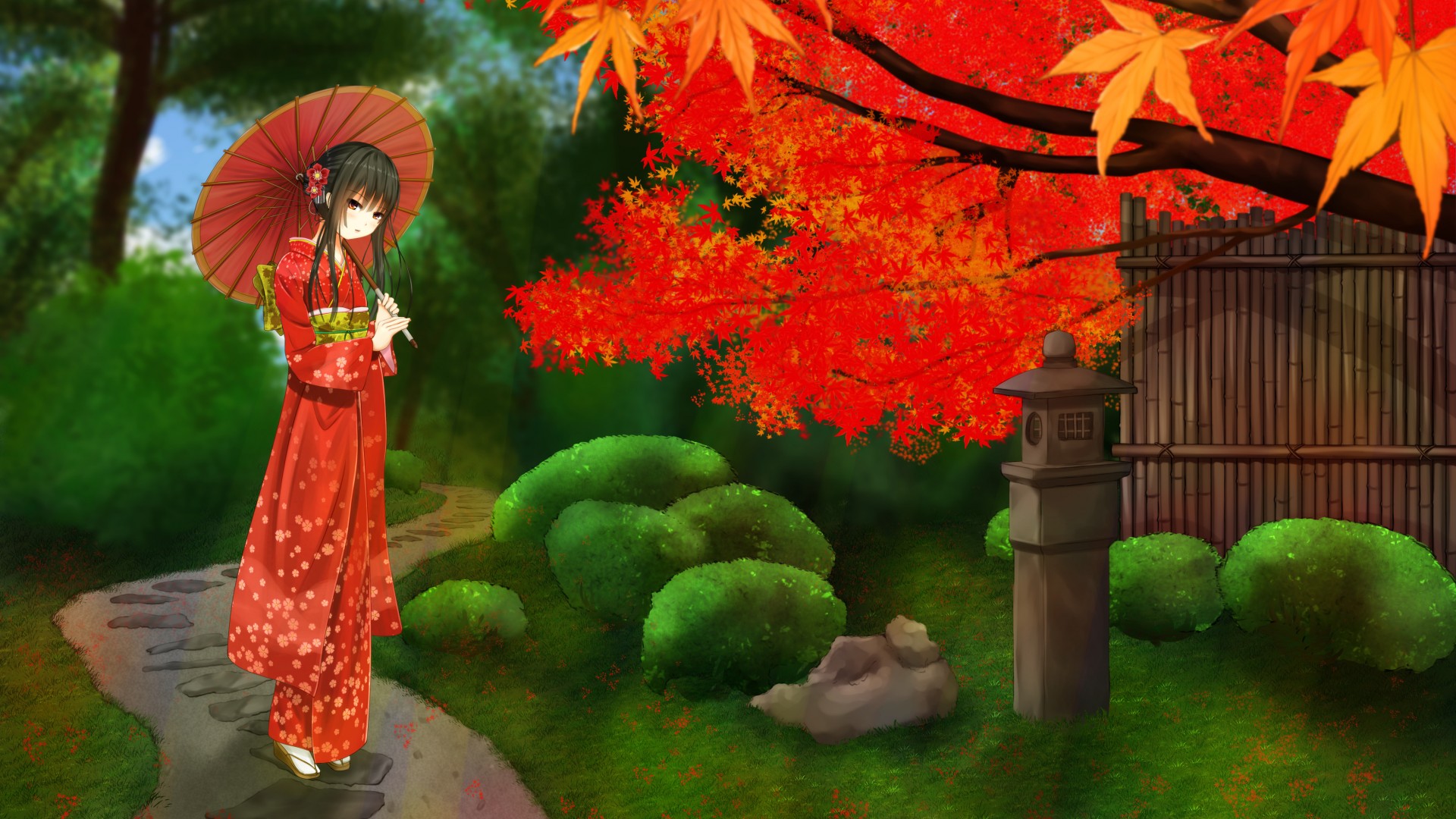 和服少女漫步小径，撑伞悠然赏景——唯美日本动漫壁纸免费下载