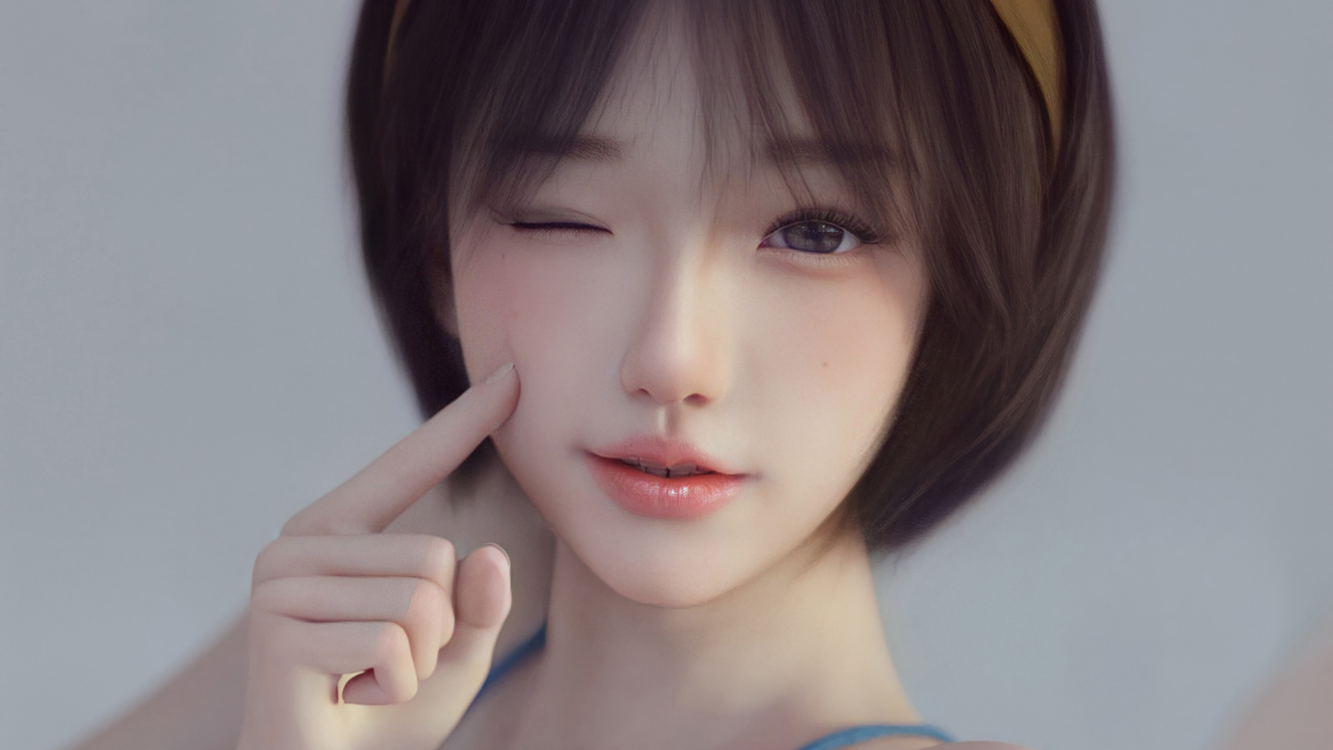 3D动漫短发女孩可爱脸庞手指桌面壁纸，免费下载电脑壁纸