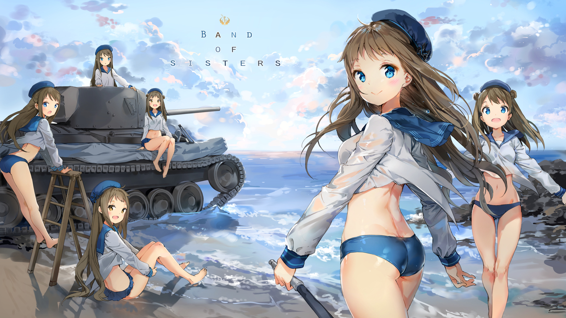 女子 水手服泳装 海边 战车 动漫壁纸