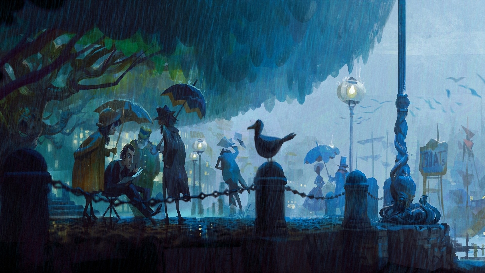 夜晚公园街绘，雨夜手电筒下的艺术之光，免费电脑壁纸下载