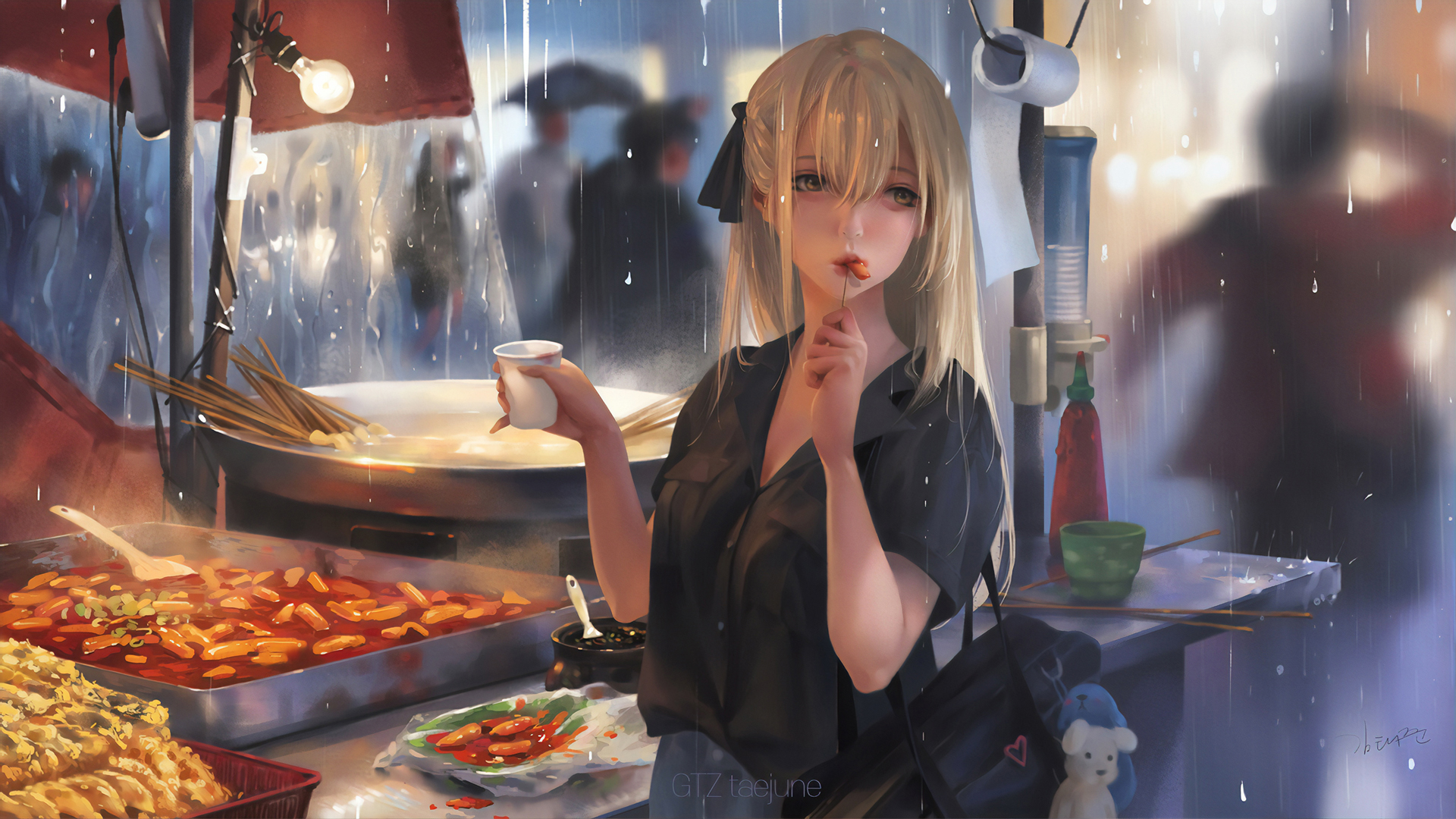 女孩街头美食畅享，精选动漫壁纸免费下载，装点你的电脑桌面