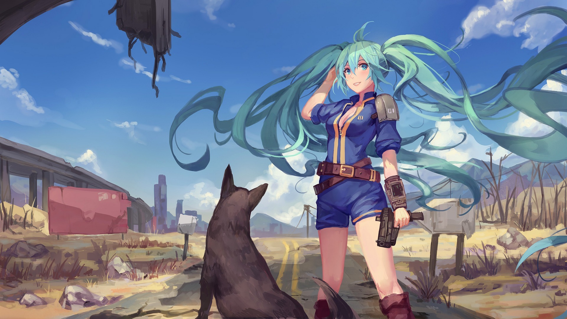 VOCALOID初音未来，女孩与小狗的动漫情谊，精选免费壁纸下载