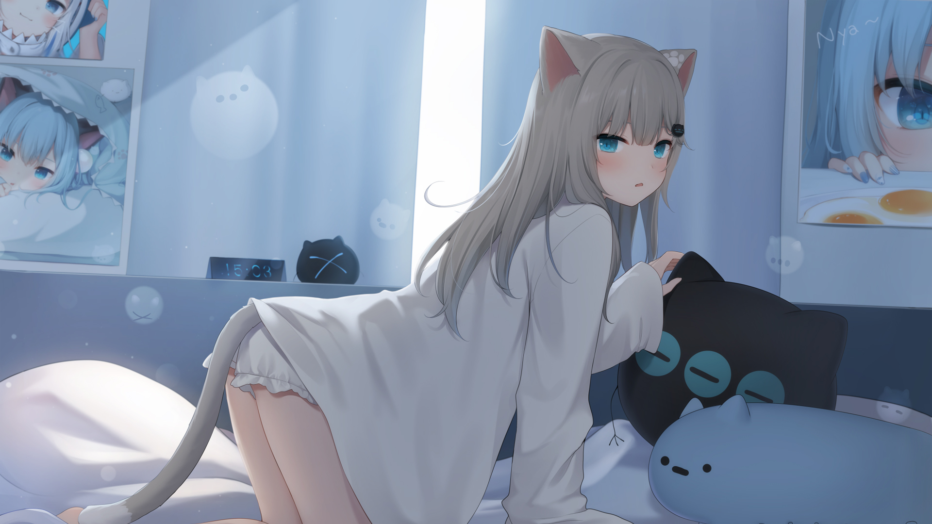 蓝色眼睛猫耳少女，俏皮尾巴，精选可爱二次元动漫壁纸，免费电脑壁纸下载