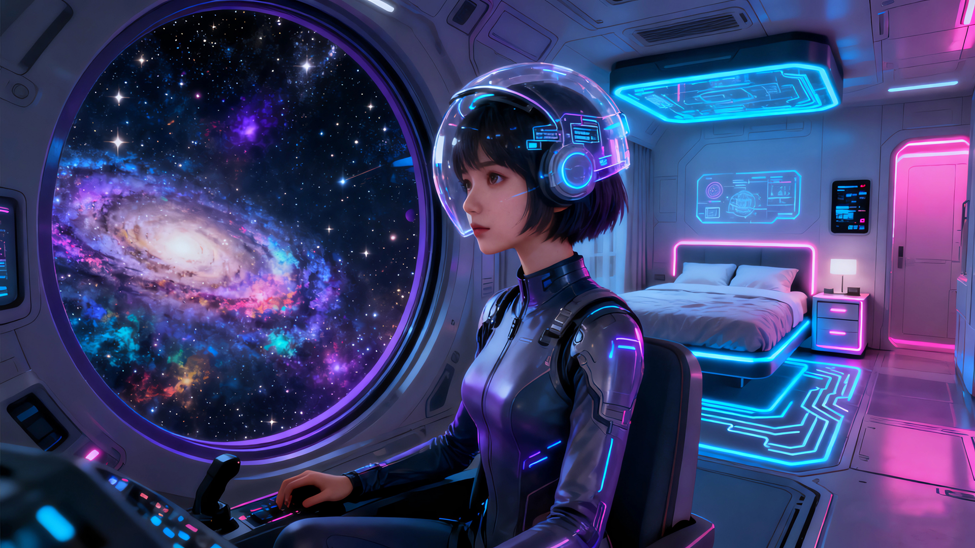 赛博朋克风，太空舱内短发美女邂逅科幻星空电脑壁纸免费下载