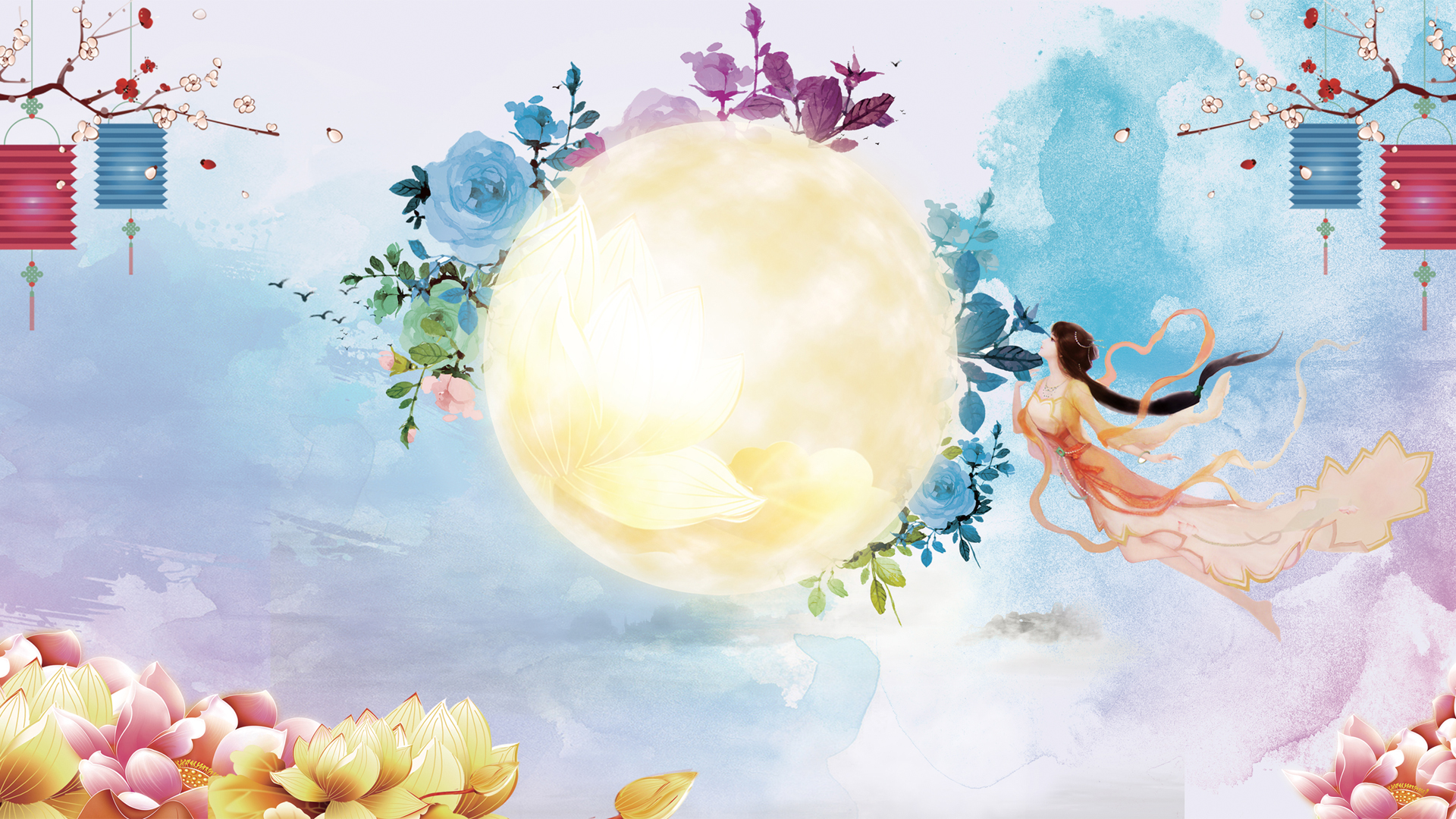 花丛月圆中秋唯美壁纸