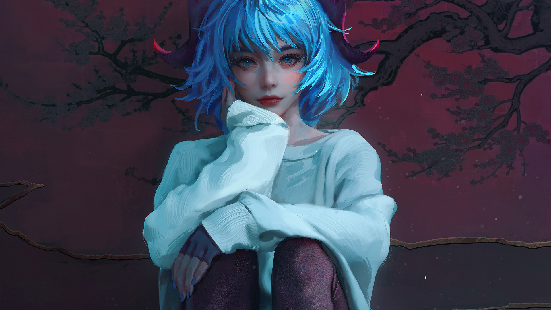 个性蓝色短发美女，精选毛衣黑裤袜动漫壁纸，免费电脑壁纸下载
