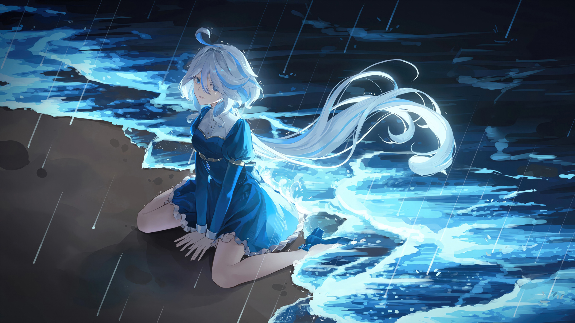 夜晚海边，长发少女穿蓝裙漫步海滩，唯美高清动漫壁纸免费下载