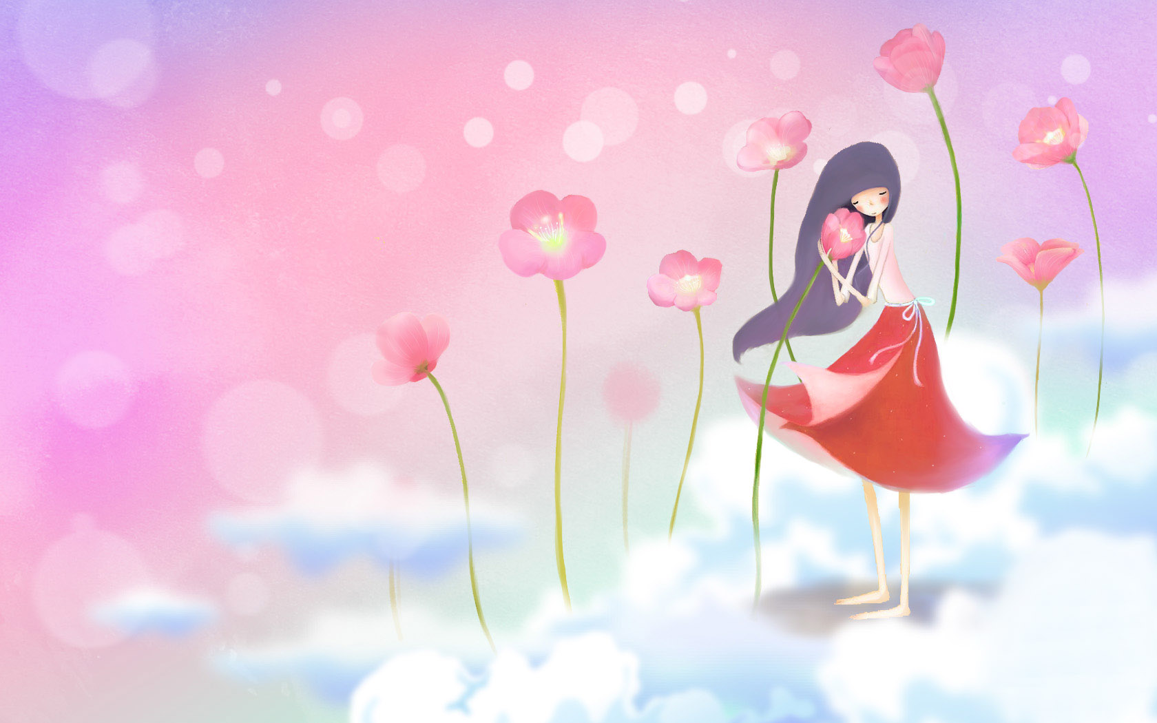 手绘花季少女桌面背景，唯美电脑壁纸免费下载