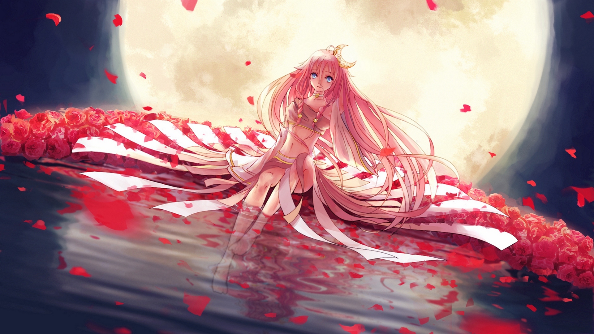 初音未来与IA，浪漫月夜玫瑰女孩动漫壁纸，免费下载美化桌面