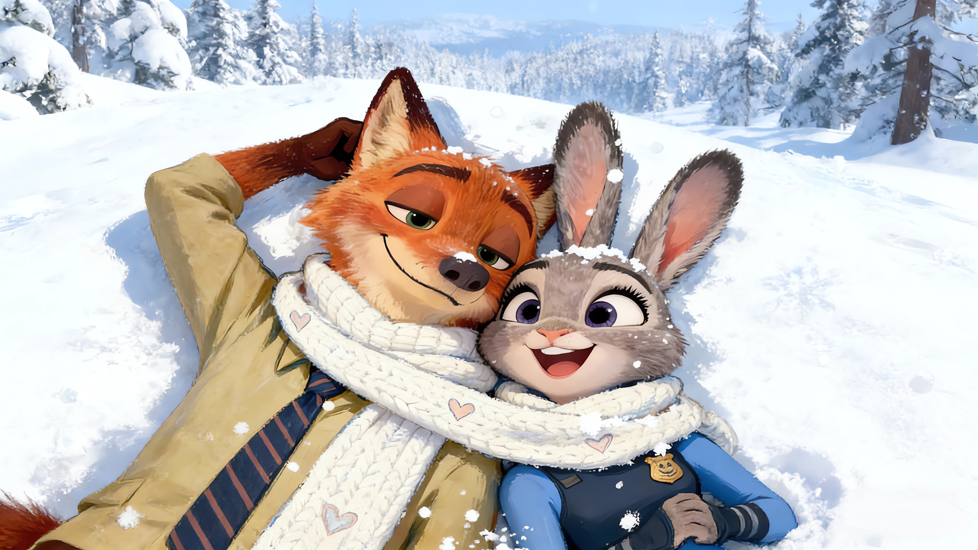 疯狂动物城2朱迪狐尼克雪景浪漫雪地围巾电脑壁纸免费下载