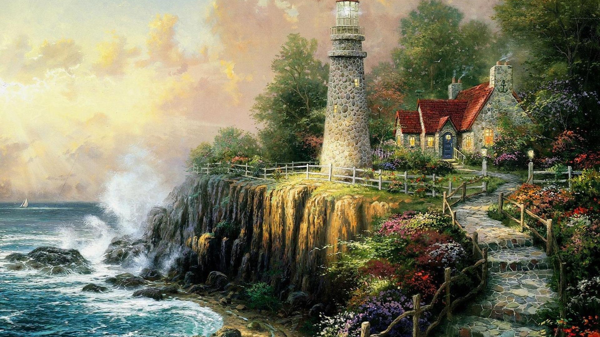 和平家园，海边的灯塔与树林，托马斯·金凯德艺术绘画，唯美风景壁纸免费下载