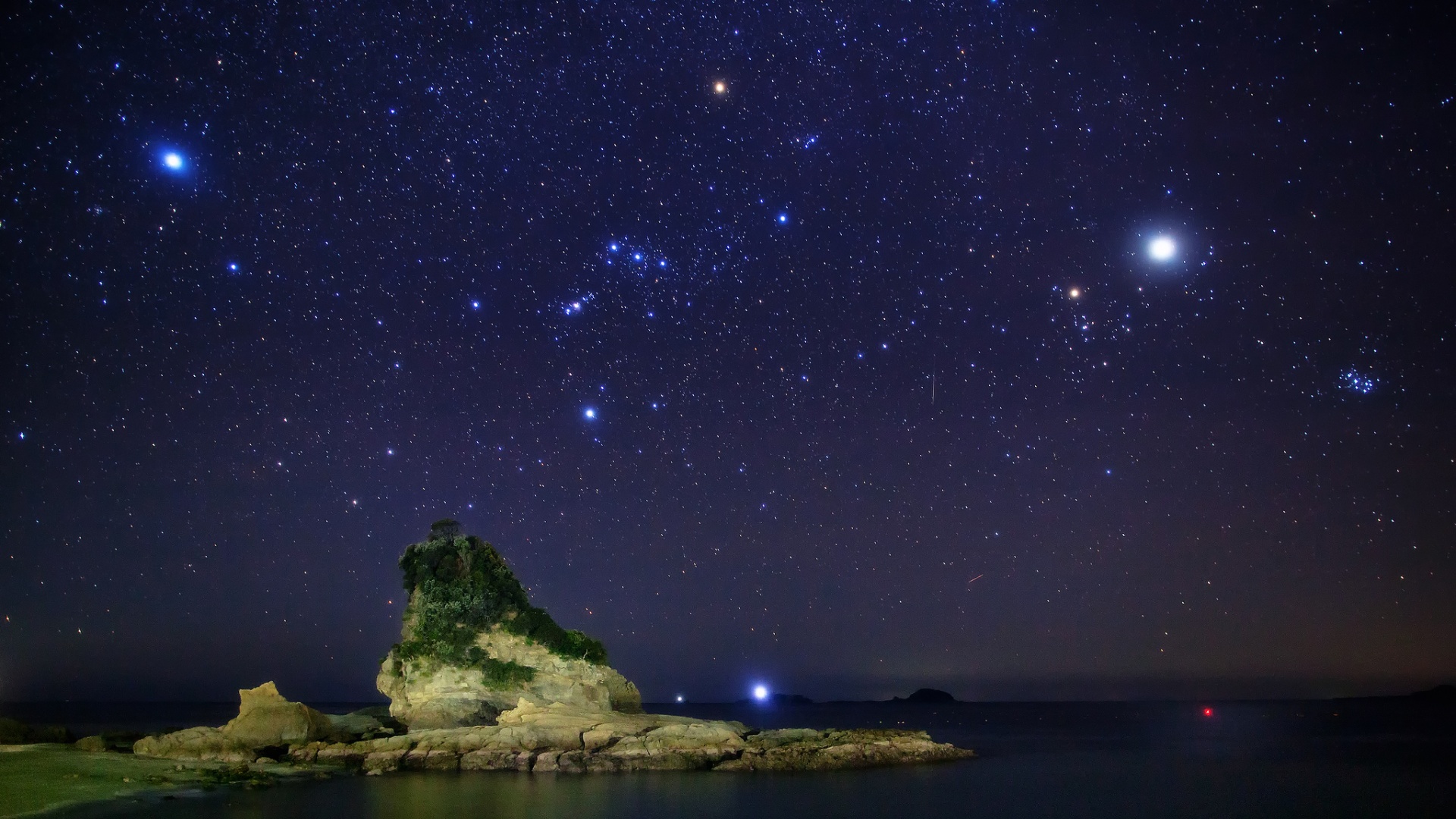 树,大海,天空,星星的夜晚,石头,风景桌面壁纸