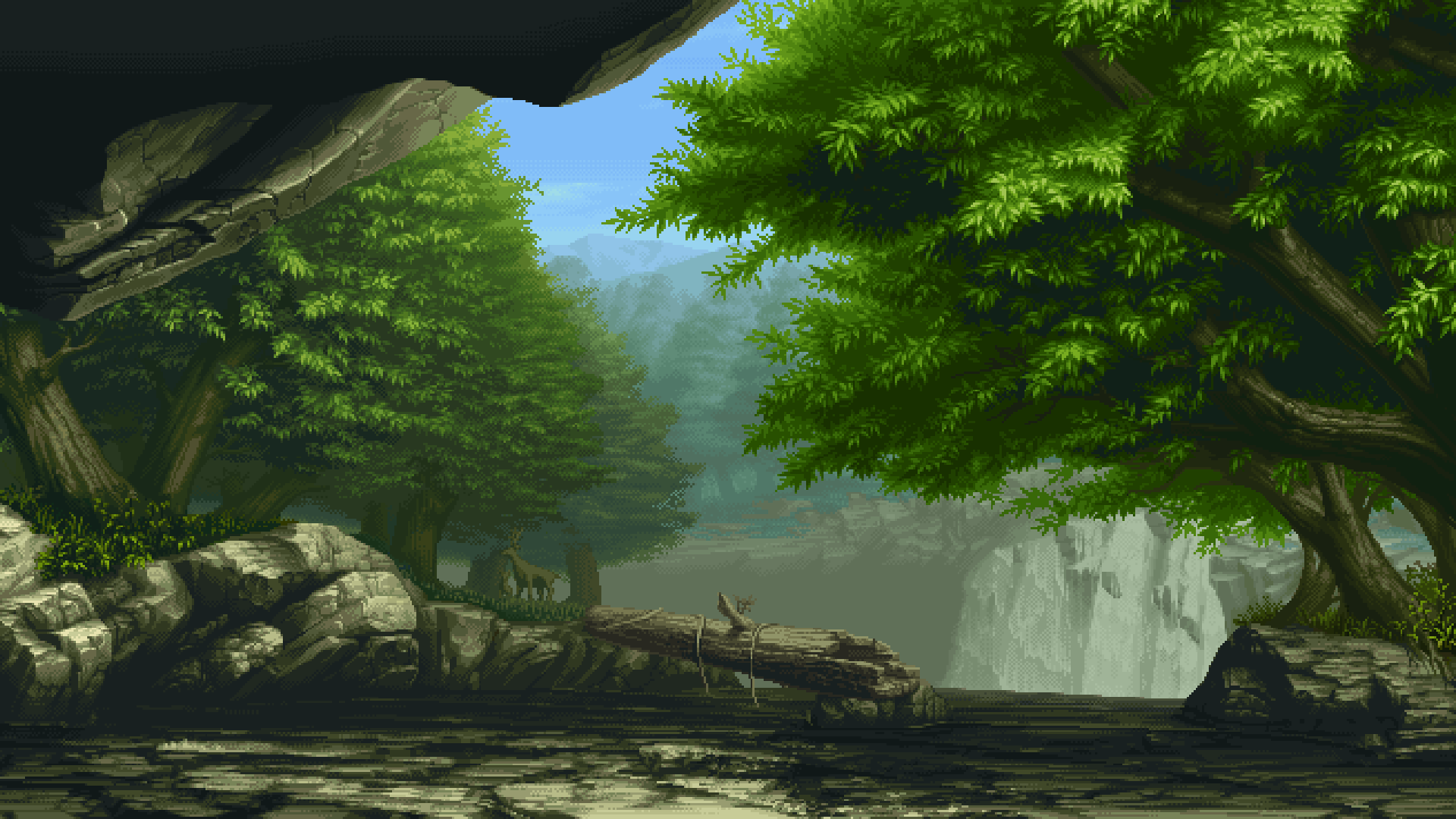 森林瀑布小鹿美景，绿树环绕动态壁纸，免费下载电脑桌面背景