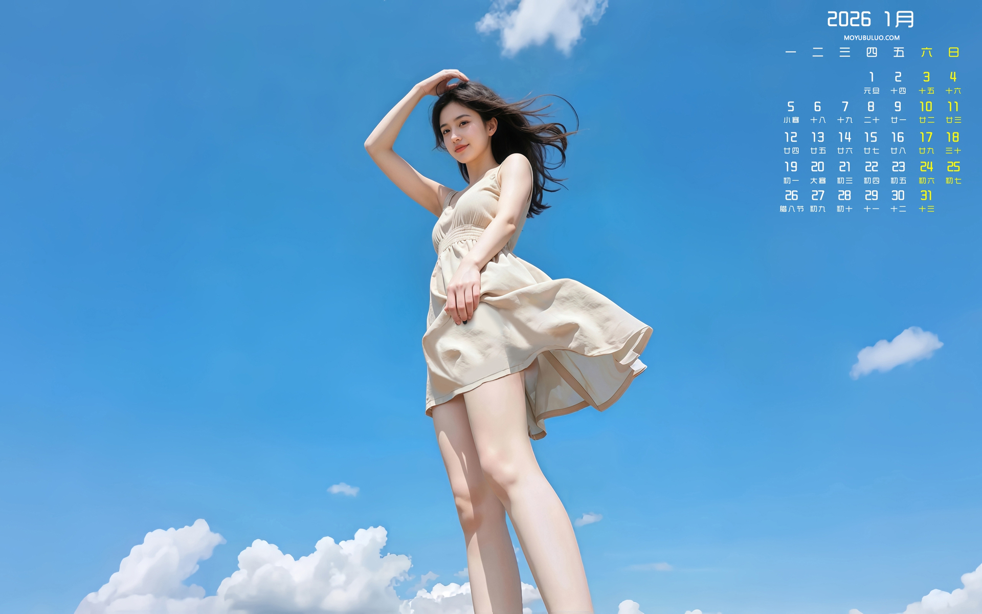 蓝天白云阳光美女2026年1月日历免费电脑壁纸下载