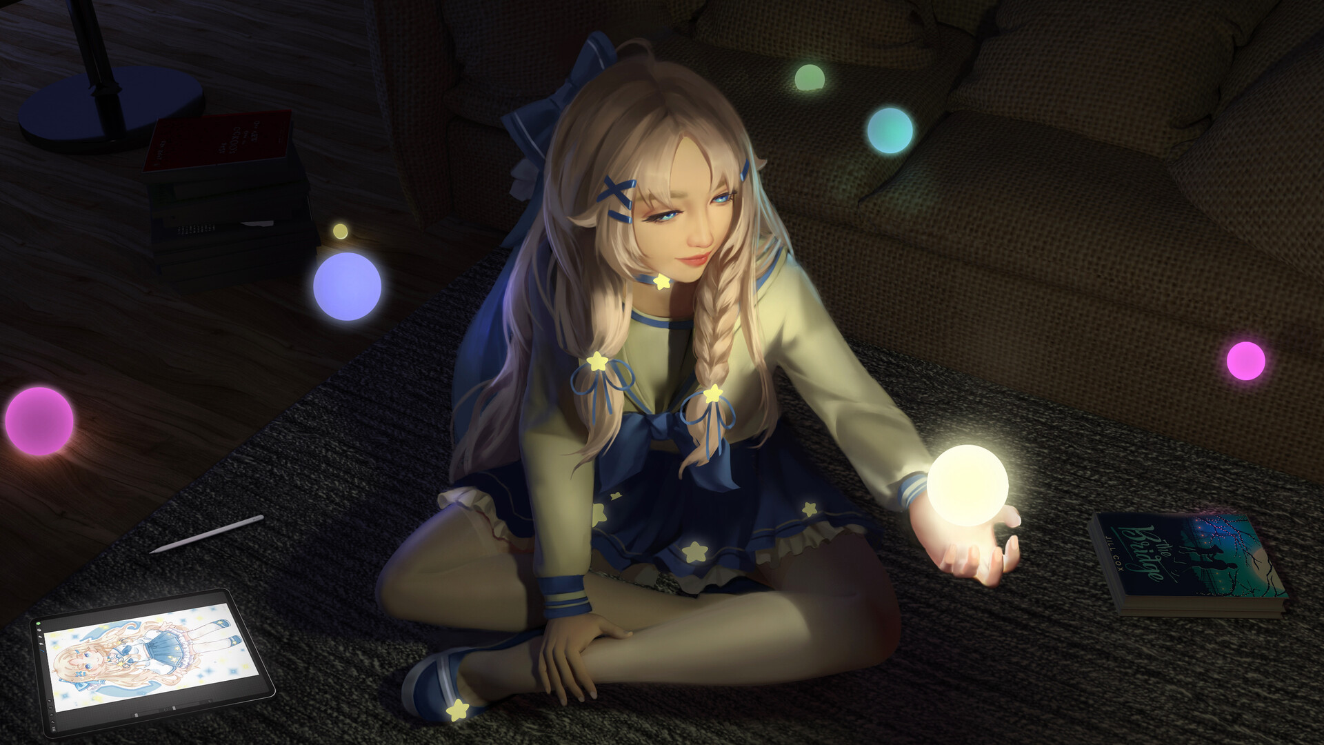 免费动漫壁纸下载，晚上女孩房间，美少女盘腿坐，手中魔法书与发光球体共绘奇幻梦境