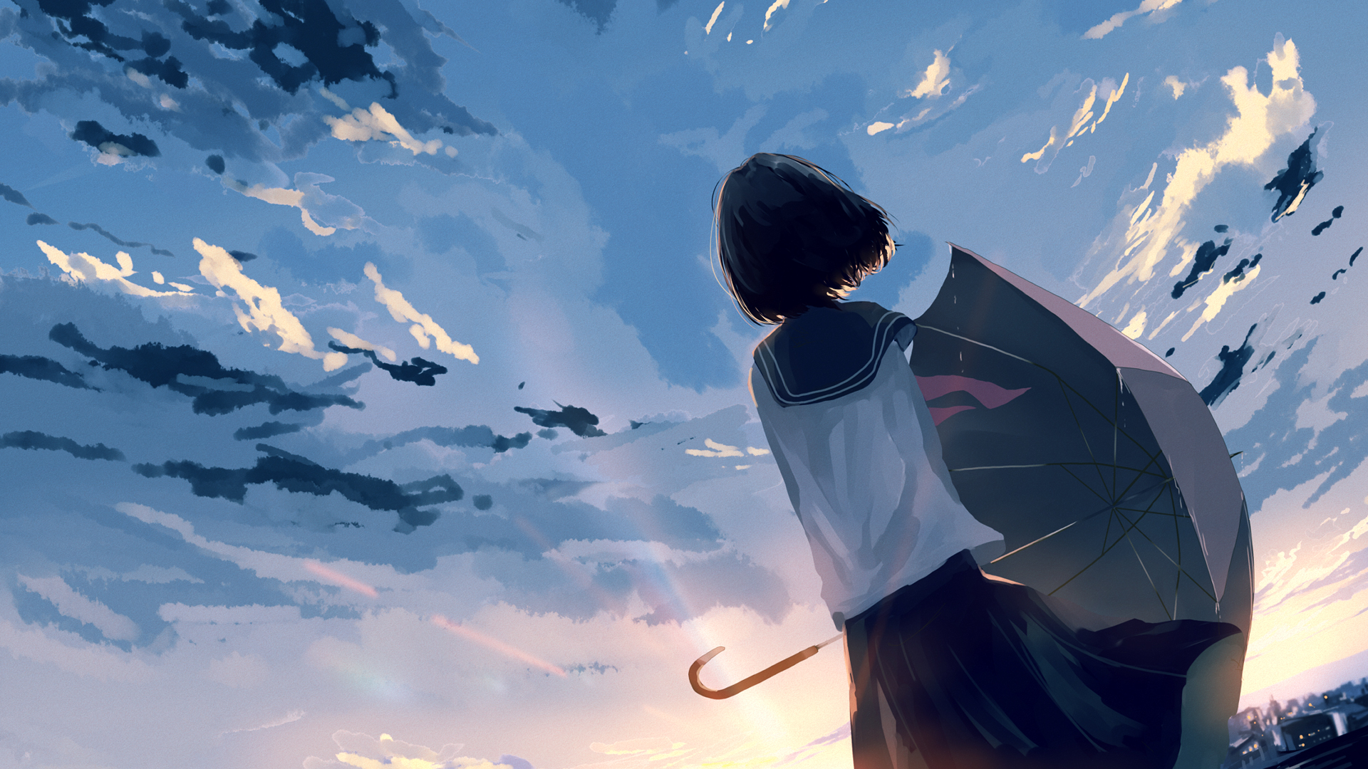 天空,云,,女学生,校服,伞,动漫壁纸