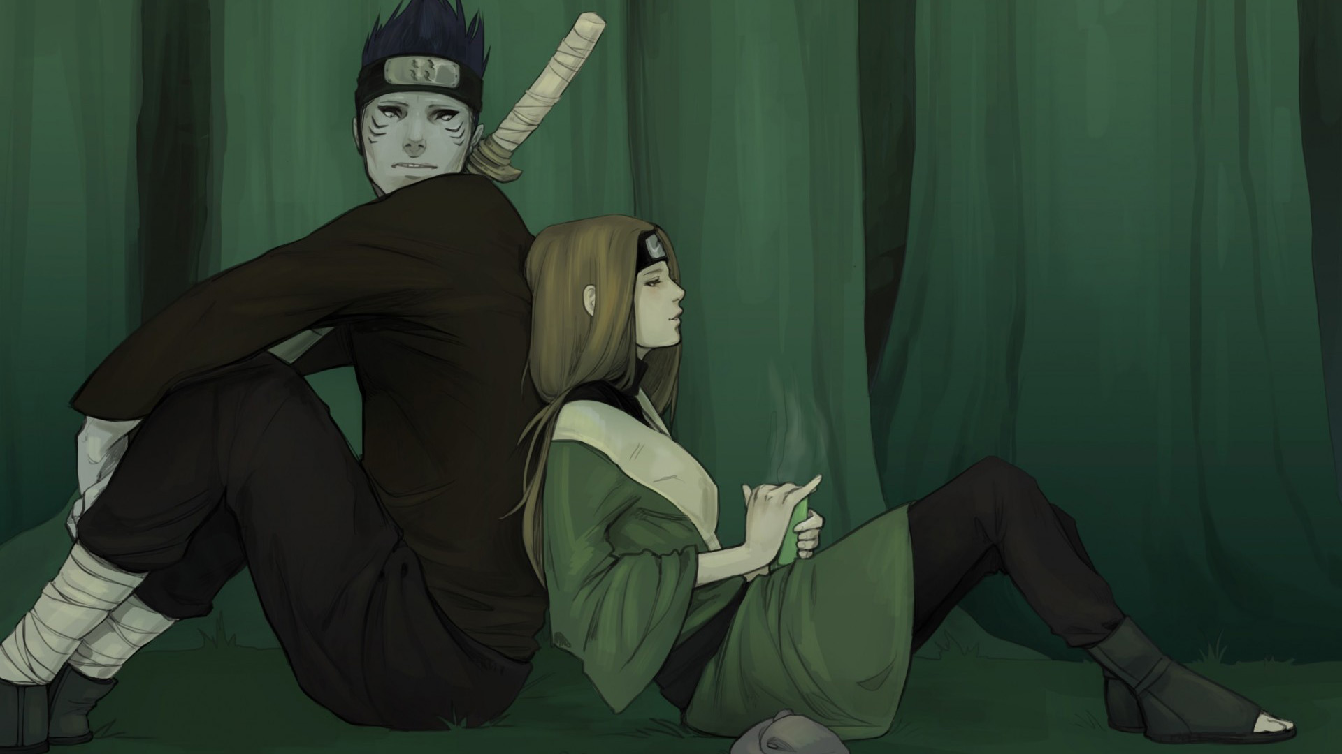 火影忍者鬼鲛女性角色背靠背动漫壁纸，免费高清电脑壁纸下载