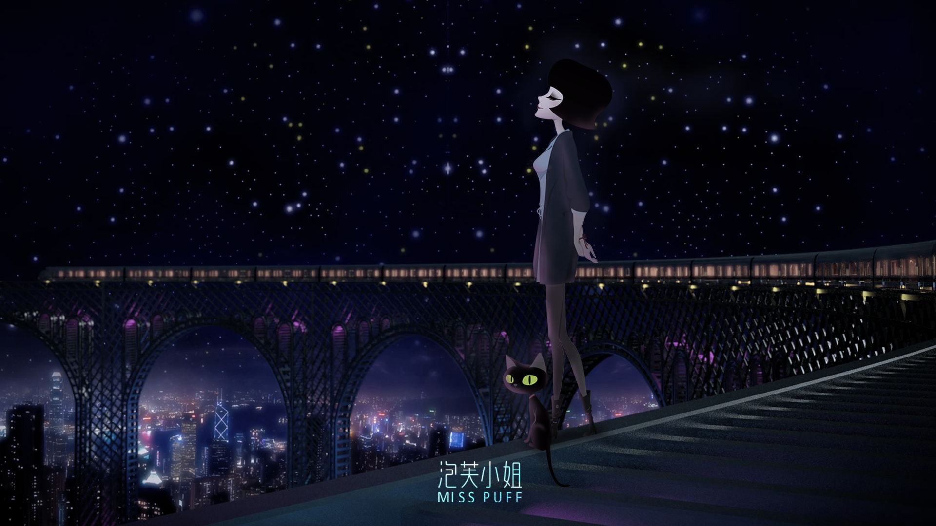 泡芙小姐夜晚星空壁纸，可爱免费电脑桌面背景，一键下载！