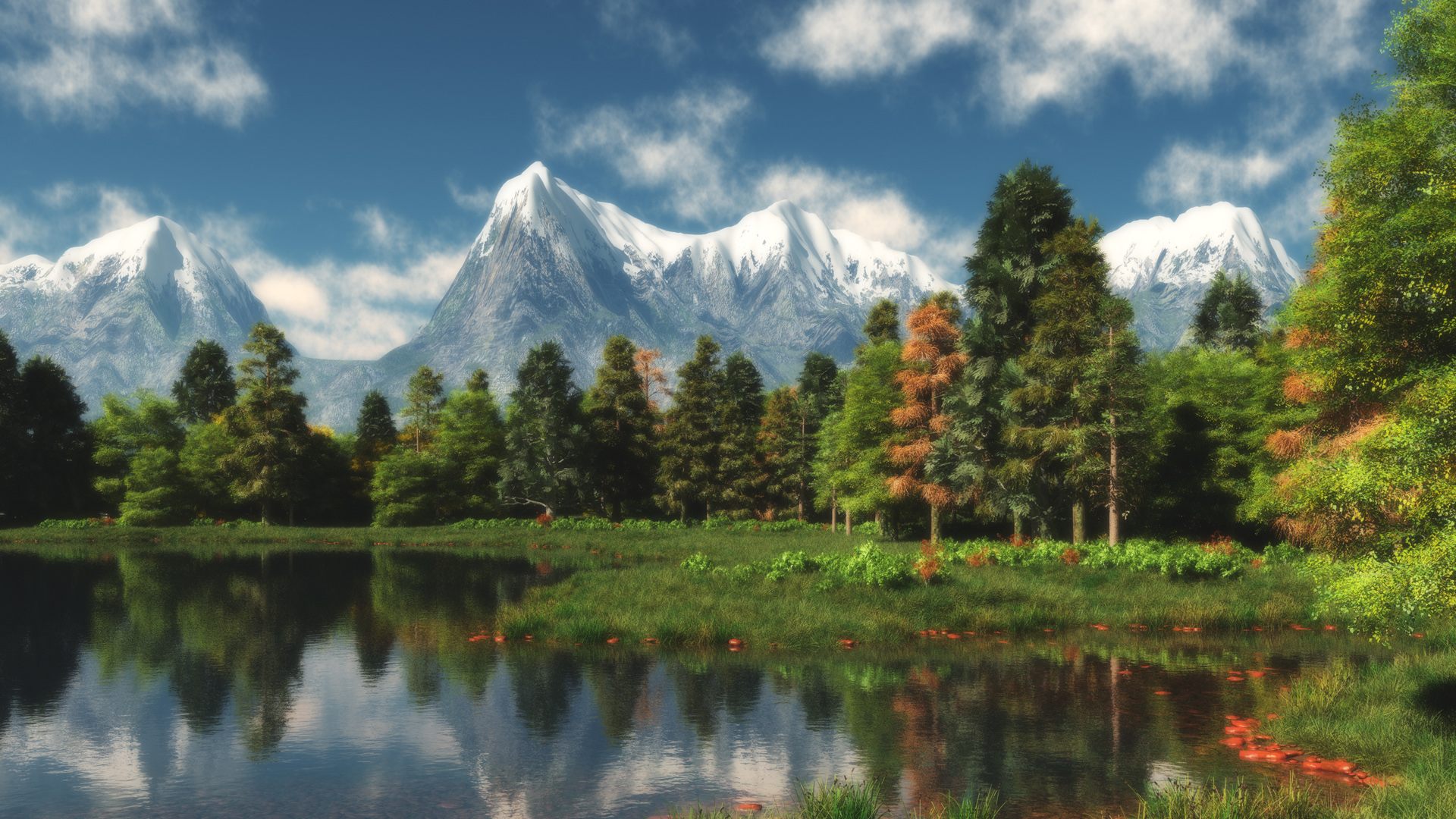 雪山森林湖水山边风景壁纸