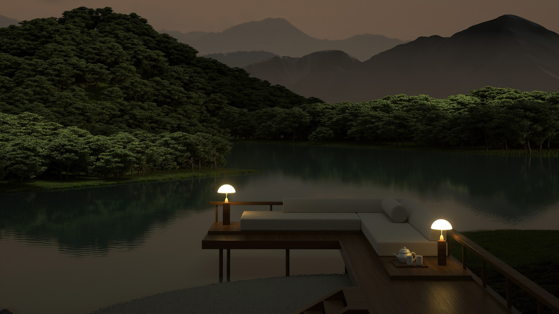 湖畔度假夜景，绝美风景壁纸，免费电脑壁纸下载