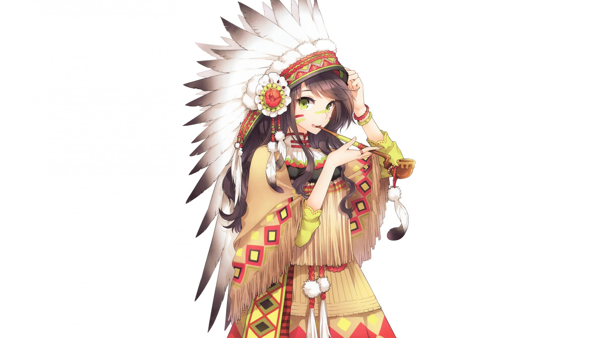可爱女孩动漫壁纸，羽毛服饰主题，免费下载电脑桌面背景