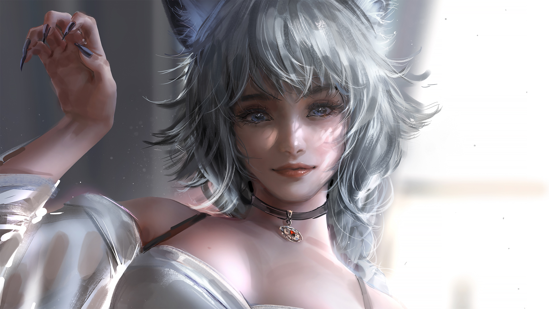 猫女手绘壁纸，瓜子轻握，兽耳俏皮，厚涂风格，动漫风情满满！免费下载电脑壁纸