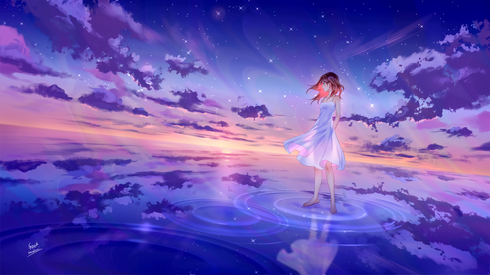 星空海水梦幻壁纸，白色裙子美少女动漫风格，免费高清电脑壁纸下载