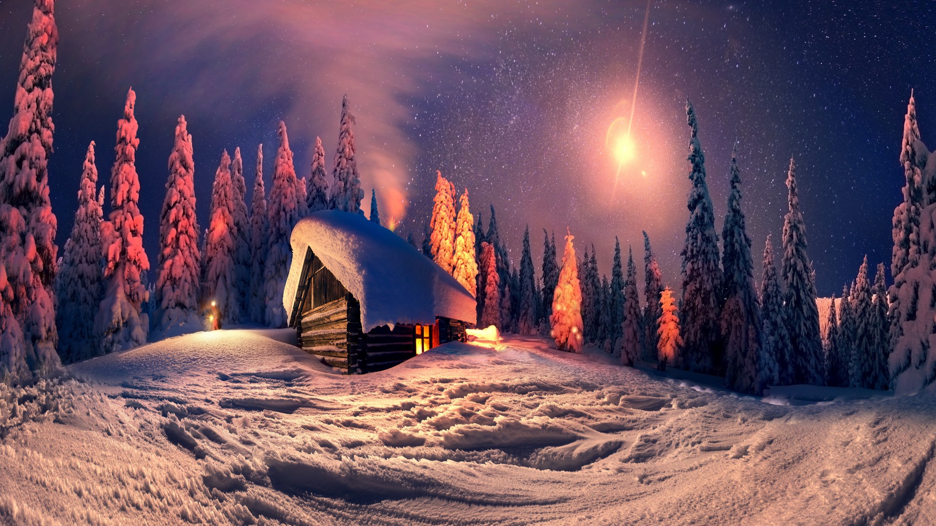 冬季圣诞夜，雪中小屋与圣诞树，雪地风光桌面壁纸免费下载